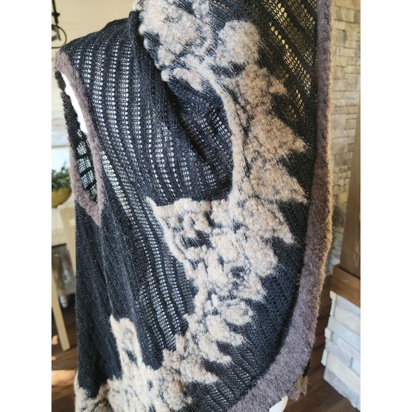 Fleur De Lis Knit Vest Cardigan Sleeveless Open Front Black Floral Small Boho‎ - Picture 4 of 10